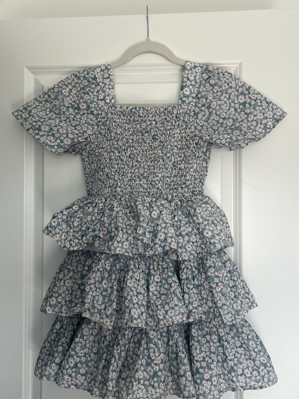 Pastourelle Blue Floral Smocked Dress with Peach Accents